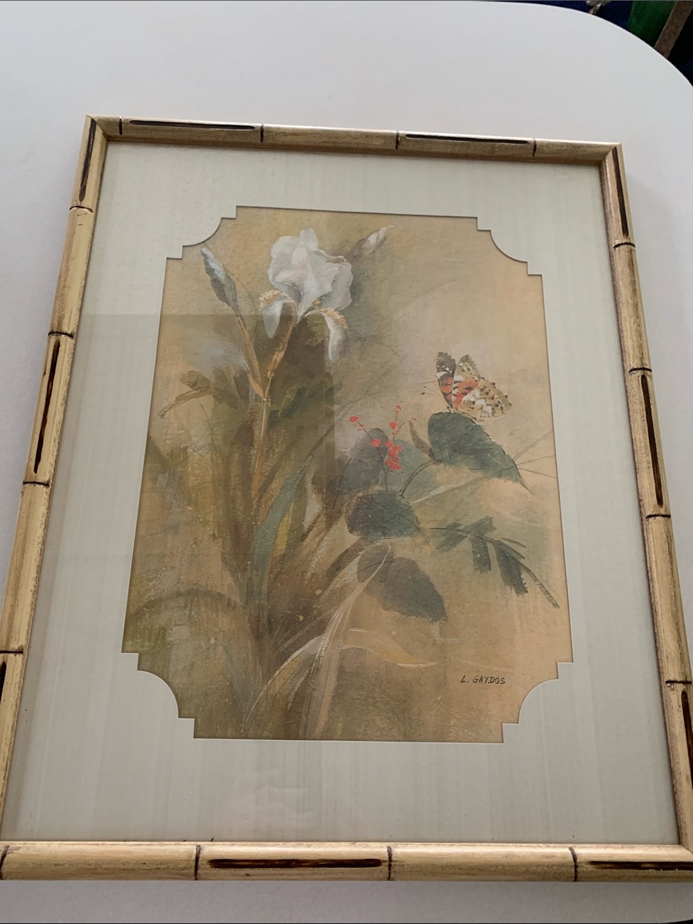 VTG 1978 “Iris & Butterfly” Botanical Print by L Gaydos Oriental Matting.